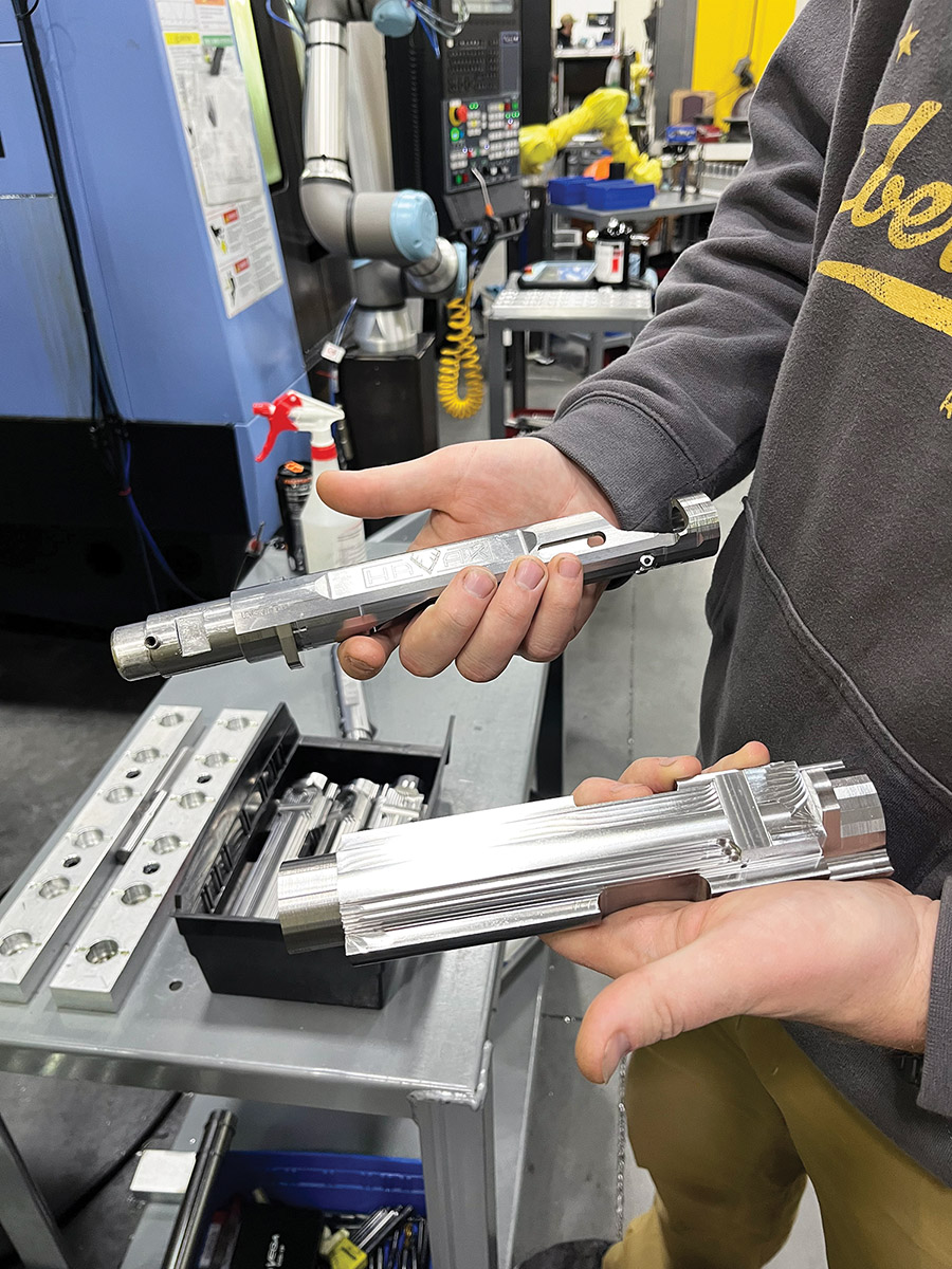 Shown here are a billet steel block and a roughed-out Havak action body fresh from one of Seekins’ high-tech precision-milled machines.